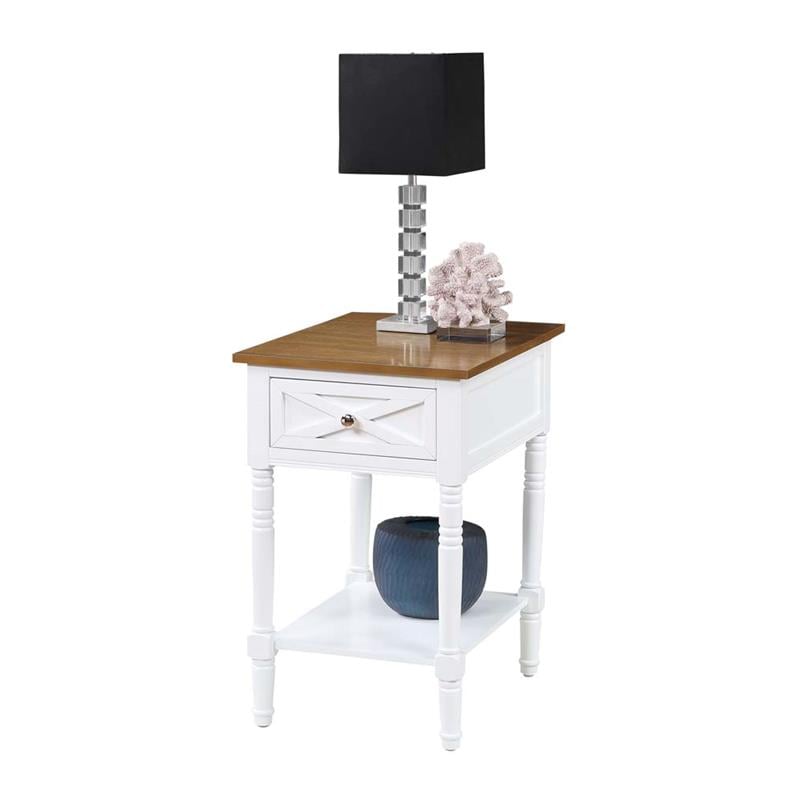 Country Oxford End Table with Charging Station in White and Caramel Wood Finish