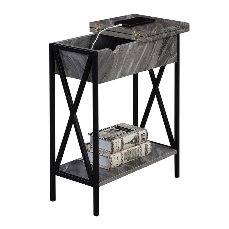 Tucson Flip Top End Table with Charging Station in Faux Gray Marble Wood & Black