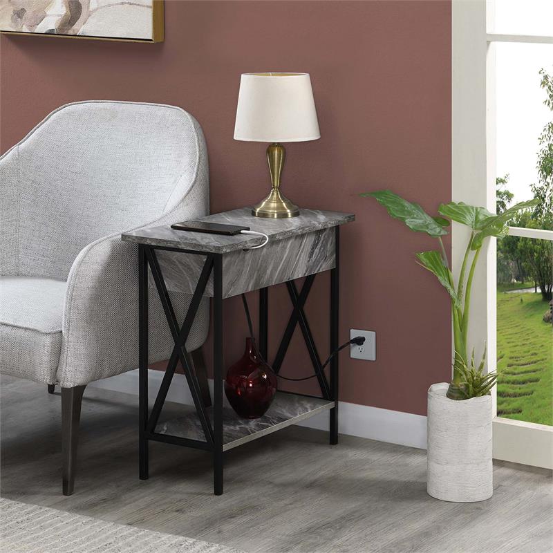 Tucson Flip Top End Table with Charging Station in Faux Gray Marble Wood & Black