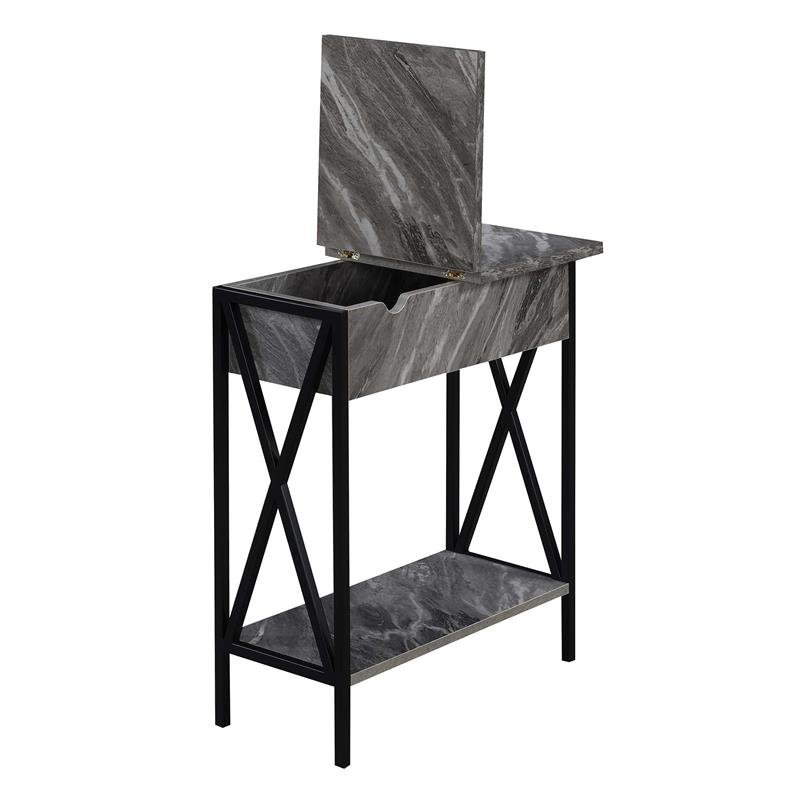 Tucson Flip Top End Table with Charging Station in Faux Gray Marble Wood & Black