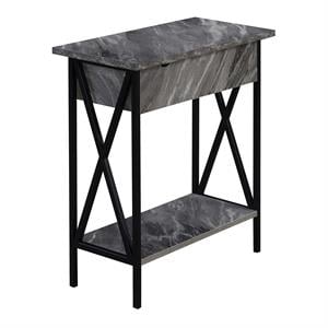 Tucson Flip Top End Table with Charging Station in Faux Gray Marble Wood & Black