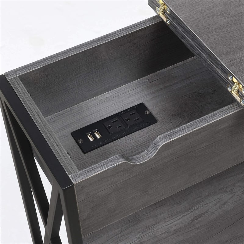 Tucson Flip Top End Table with Charging Station Charcoal Gray Wood & Black Frame