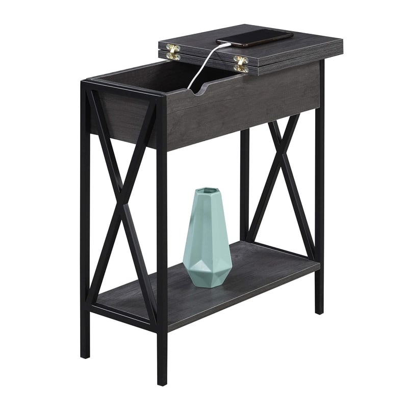 Tucson Flip Top End Table with Charging Station Charcoal Gray Wood & Black Frame