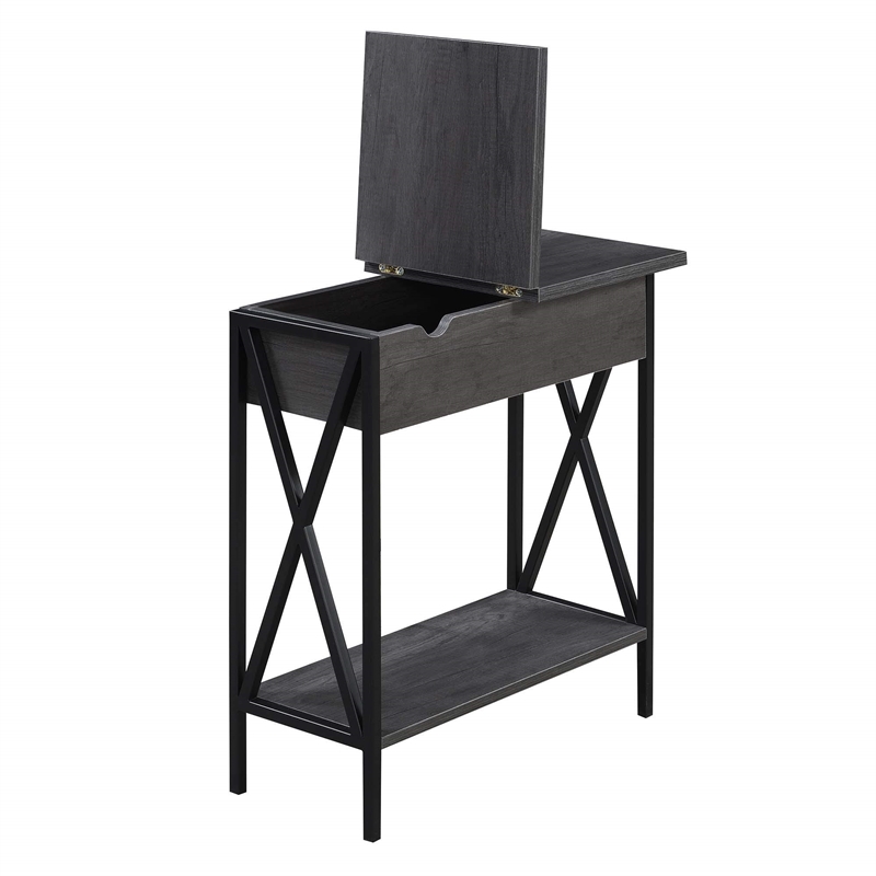 Tucson Flip Top End Table with Charging Station Charcoal Gray Wood & Black Frame