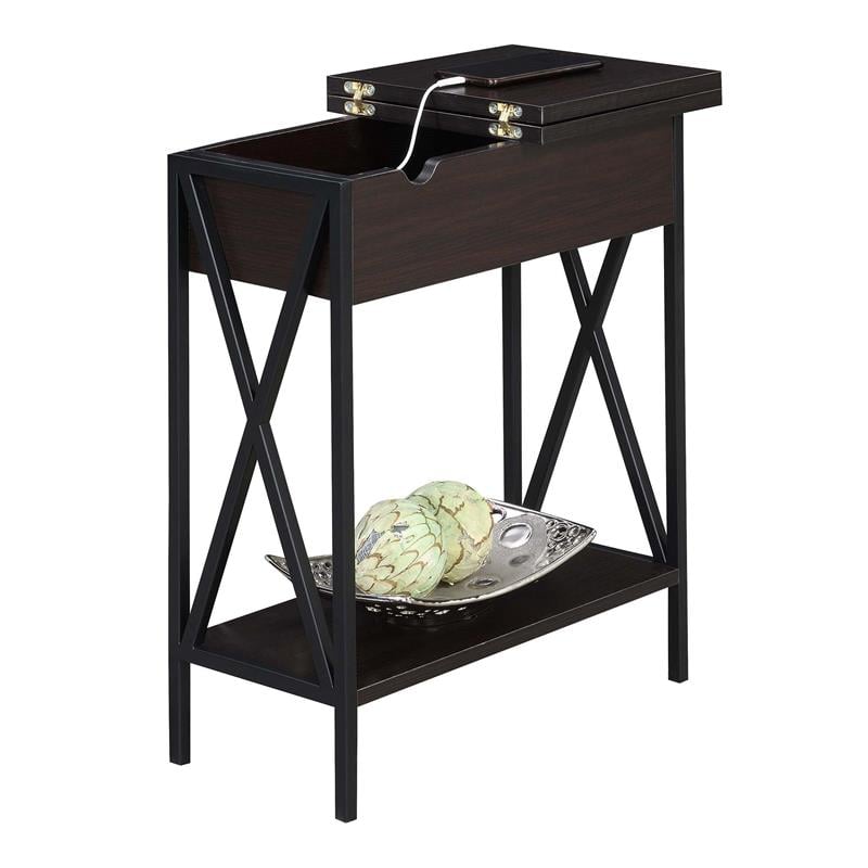 Tucson Flip Top End Table with Charging Station in Espresso Wood and Black Frame
