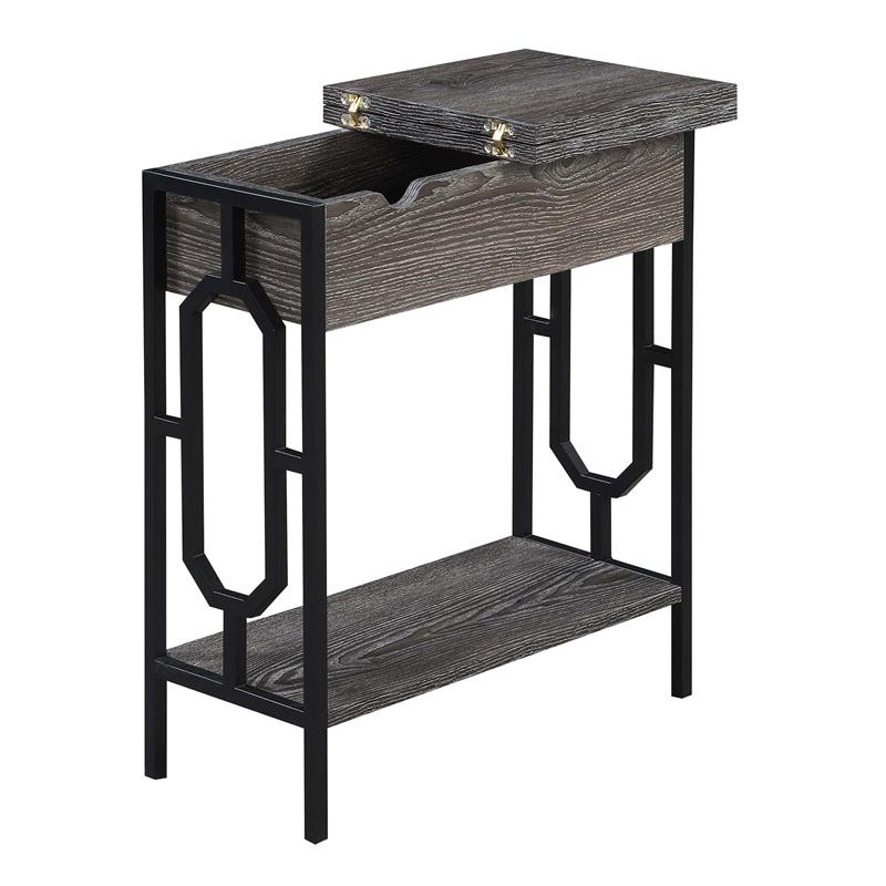 Omega Flip Top End Table with Charging Station in Weathered Gray Wood