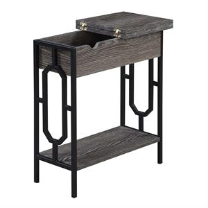 Omega Flip Top End Table with Charging Station in Weathered Gray Wood and Black