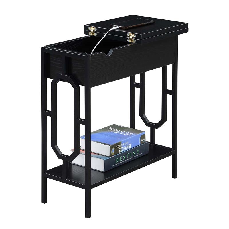 Omega Flip Top End Table with Charging Station - Black Wood Finish & Black Frame