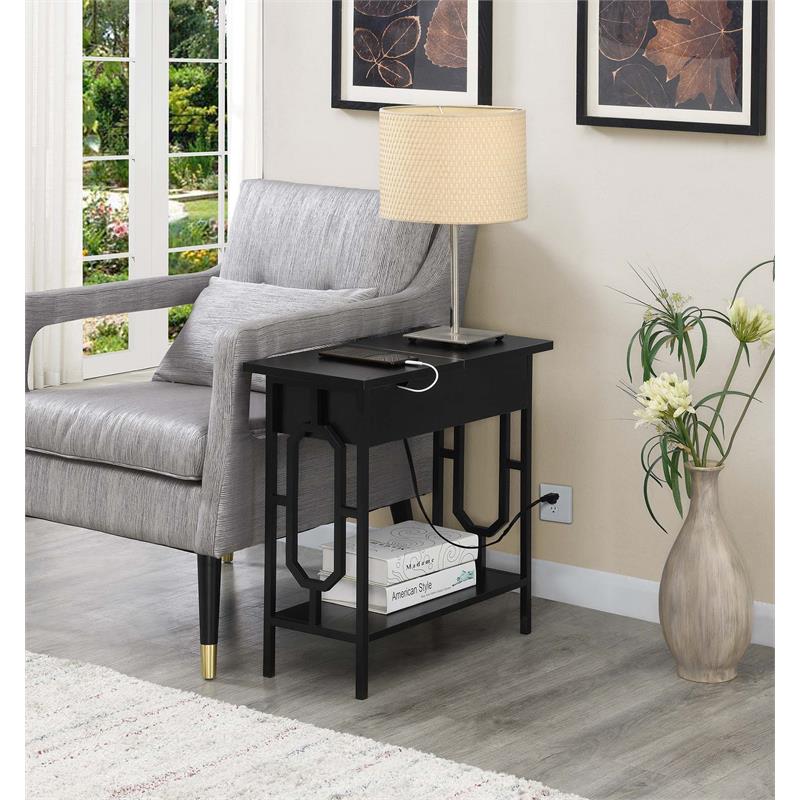 Omega Flip Top End Table with Charging Station - Black Wood Finish & Black Frame