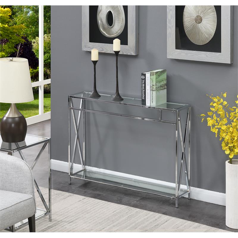 Convenience Concepts Oxford Chrome Console Table with Clear Glass Shelves Homesquare