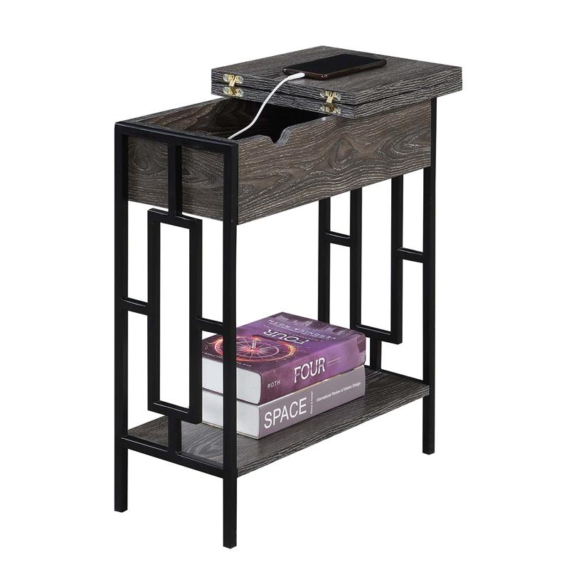 Town Square Flip Top End Table with Charging Station in Weathered Gray Wood