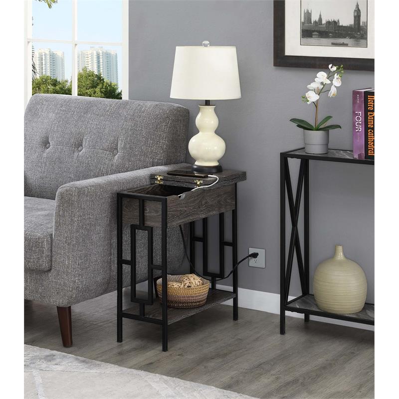Town Square Flip Top End Table with Charging Station in Weathered Gray Wood