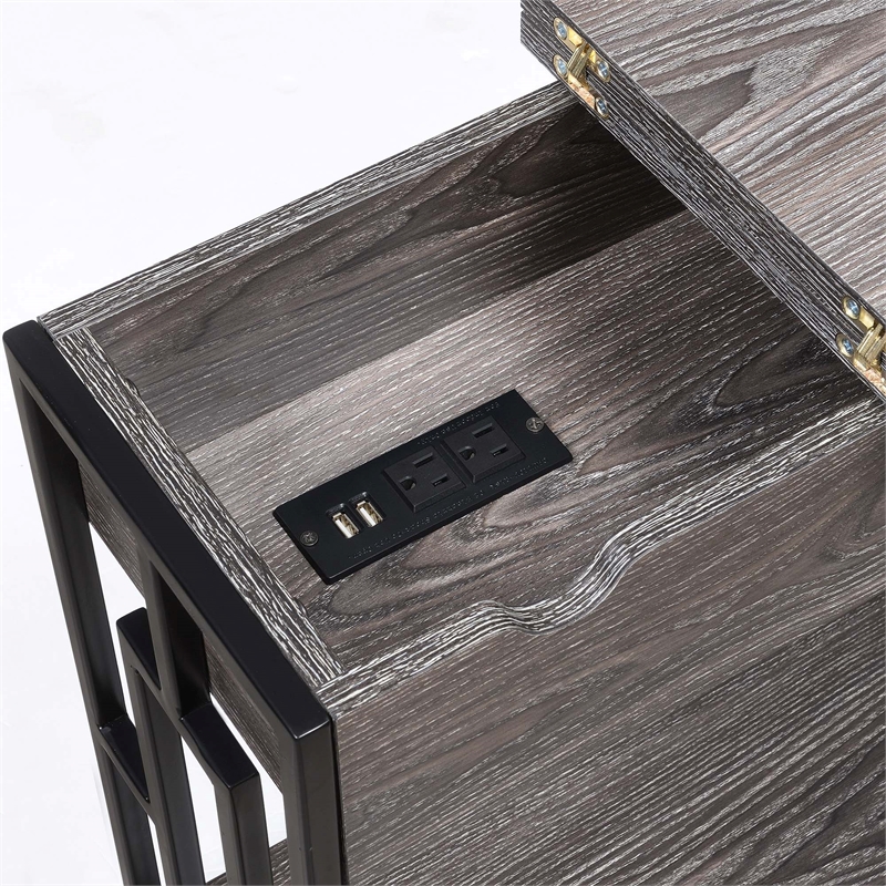 Town Square Flip Top End Table with Charging Station in Weathered Gray Wood