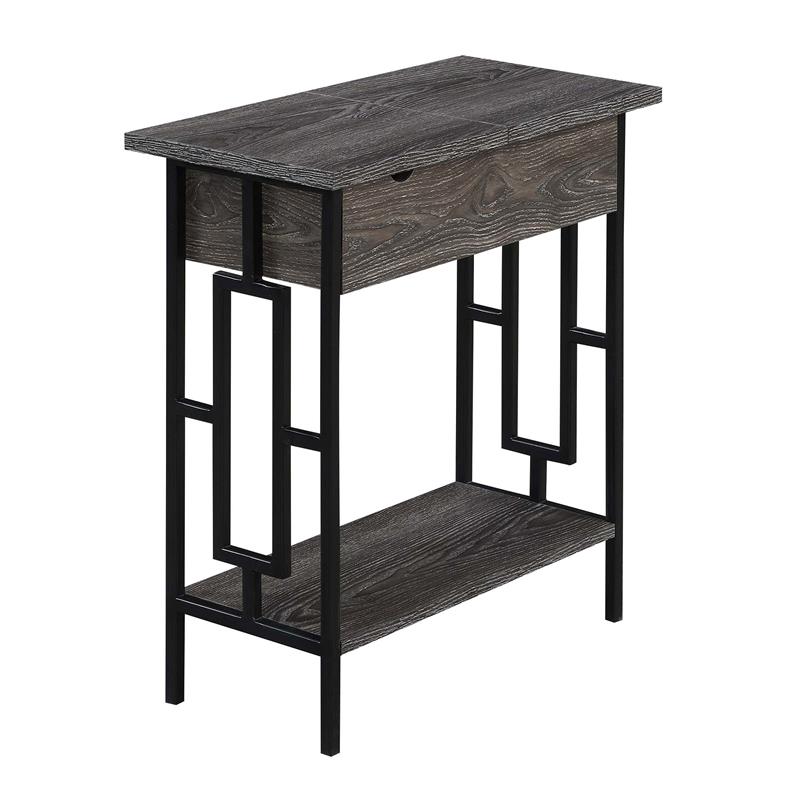 Town Square Flip Top End Table with Charging Station in Weathered Gray Wood