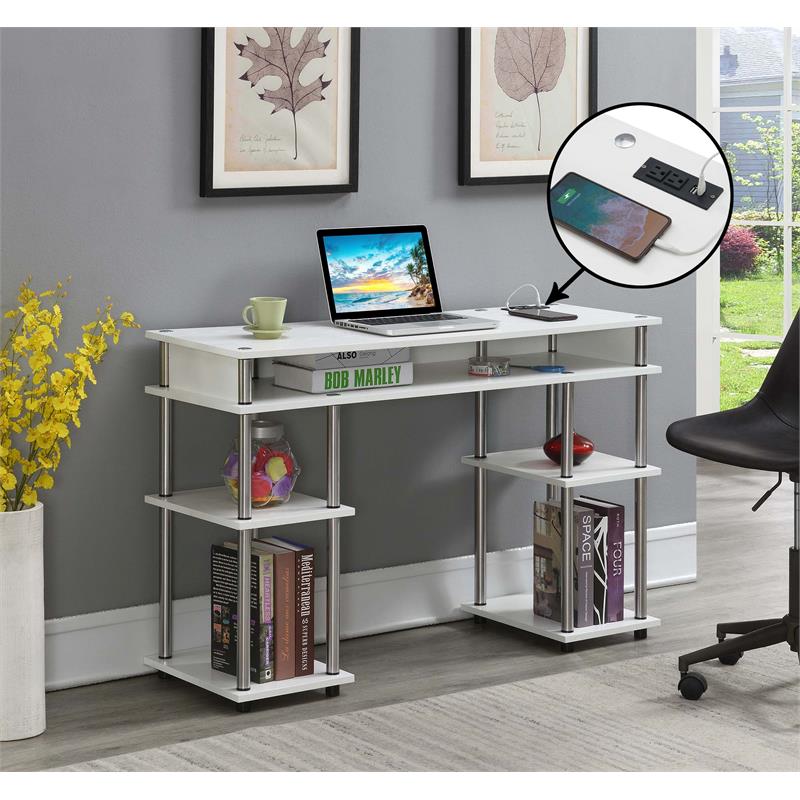 Designs2Go No Tools Student Desk with Charging Station in White Wood Finish