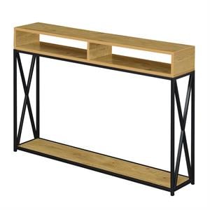 tucson deluxe two-tier console table in light oak wood and black metal frame