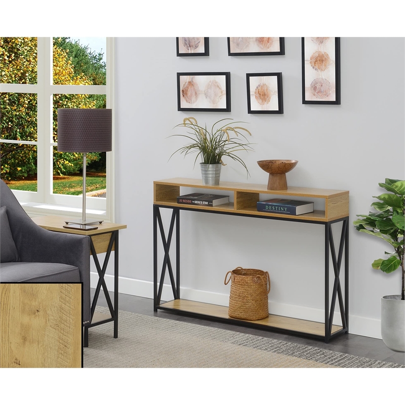 Tucson Deluxe Two-Tier Console Table in Light Oak Wood and Black Metal Frame