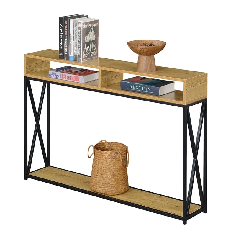 Tucson Deluxe Two-Tier Console Table in Light Oak Wood and Black Metal Frame