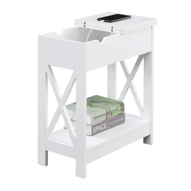 Oxford Flip Top End Table with Charging Station in White Wood Finish