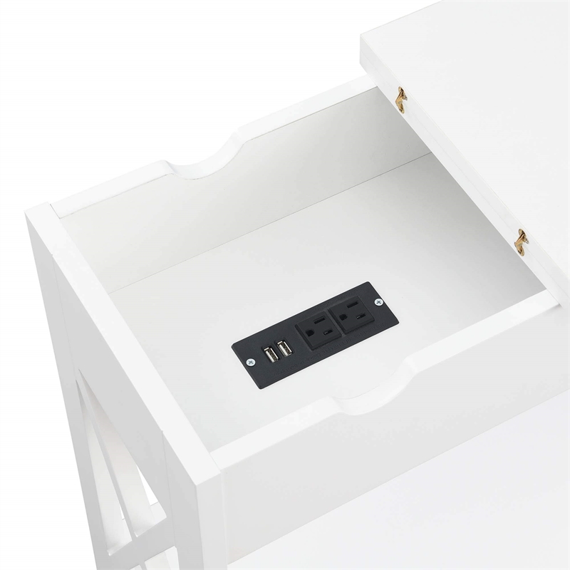 Oxford Flip Top End Table with Charging Station in White Wood Finish
