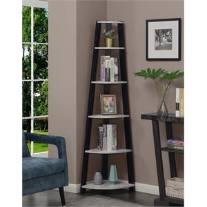 Newport Five-Tier Corner Bookcase in Faux Cement and Black Wood Finish