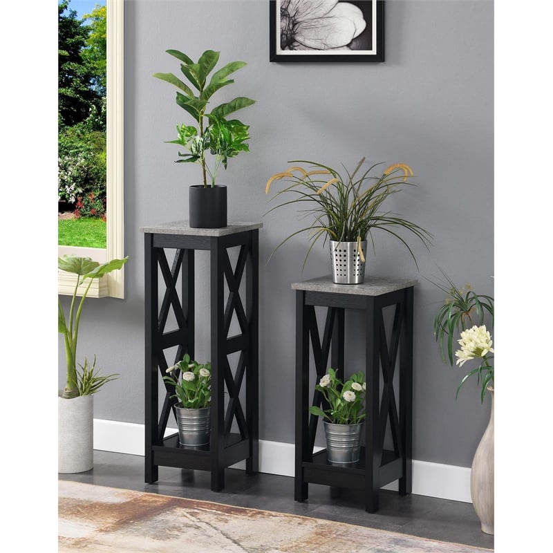 Convenience Concepts Oxford Tall Plant Stand in Black Wood and Faux Cement Top