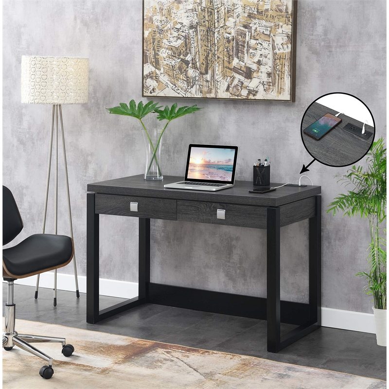Convenience Concepts Newport Two-Drawer Desk with Charging Station in Gray Wood