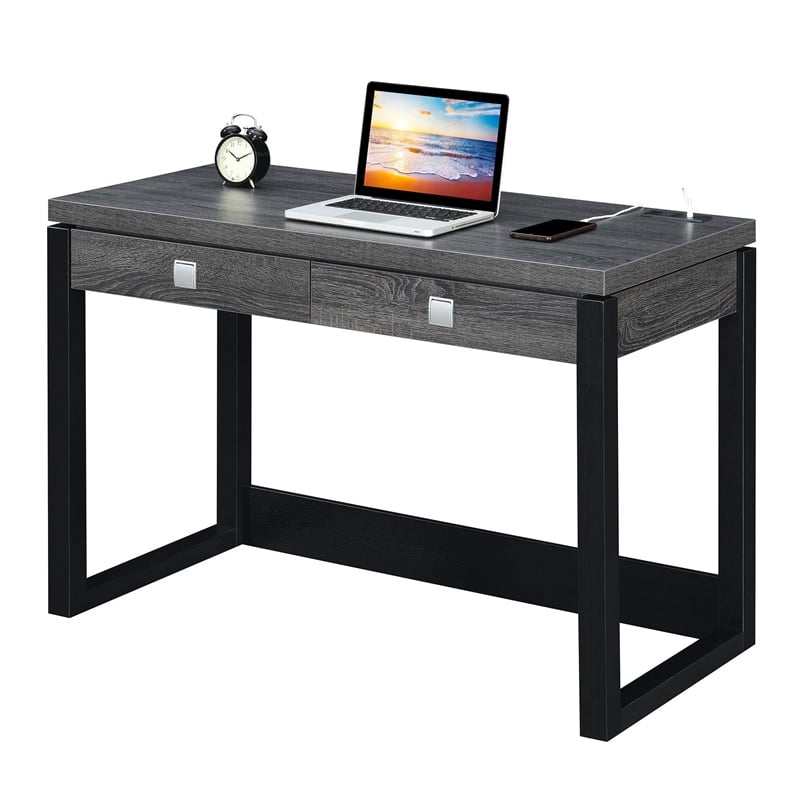 Convenience Concepts Newport Two-Drawer Desk with Charging Station in Gray Wood