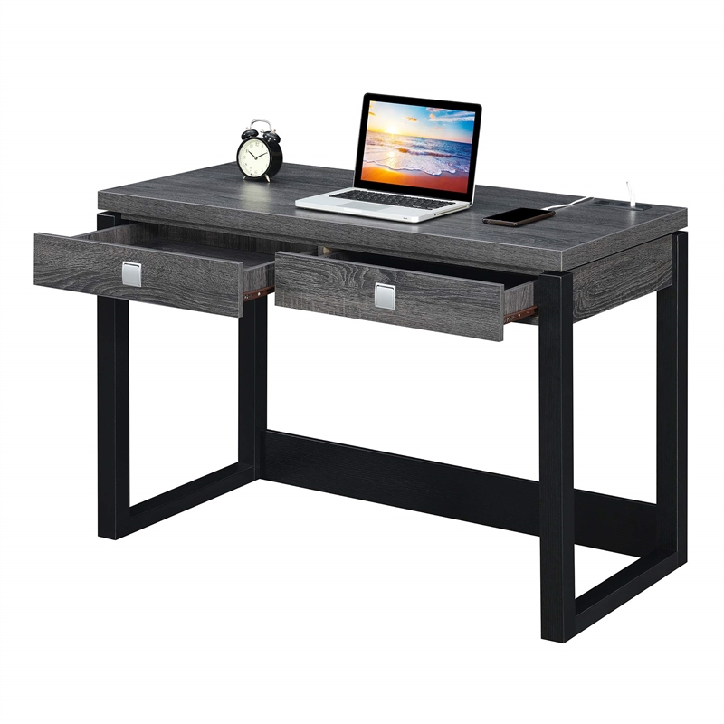 Convenience Concepts Newport Two-Drawer Desk with Charging Station in Gray Wood