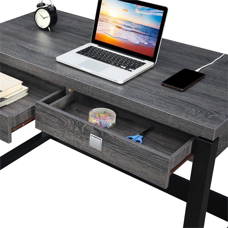 Convenience Concepts Newport Two-Drawer Desk with Charging Station in Gray Wood