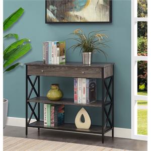 tucson one-drawer console table in gray wood with black metal frame