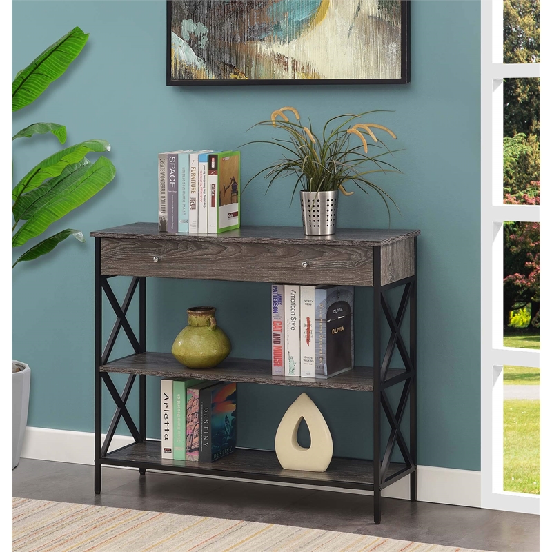 Tucson One-Drawer Console Table in Gray Wood with Black Metal Frame