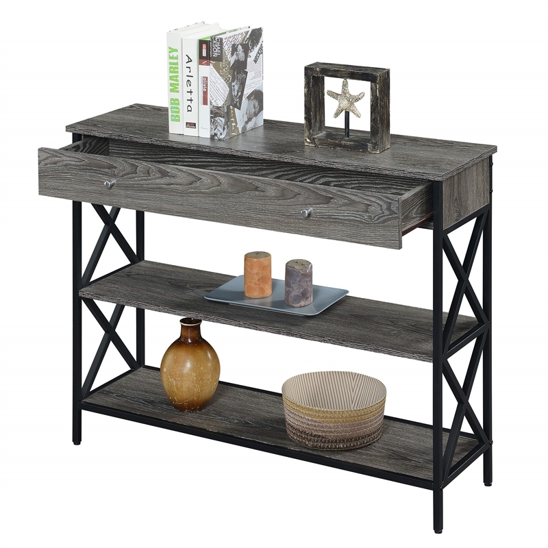Tucson One-Drawer Console Table in Gray Wood with Black Metal Frame