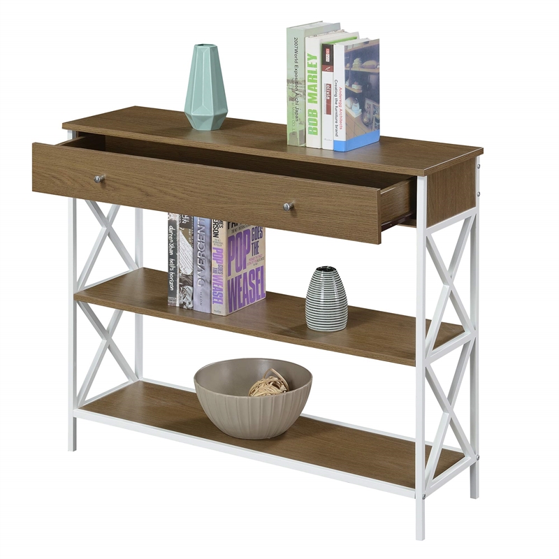 Tucson One-Drawer Console Table in Caramel Wood with White Metal Frame