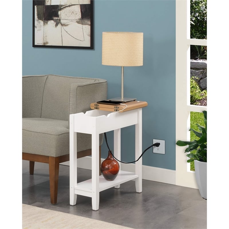 American Heritage Flip Top End Table with Charging Station in White Wood Finish