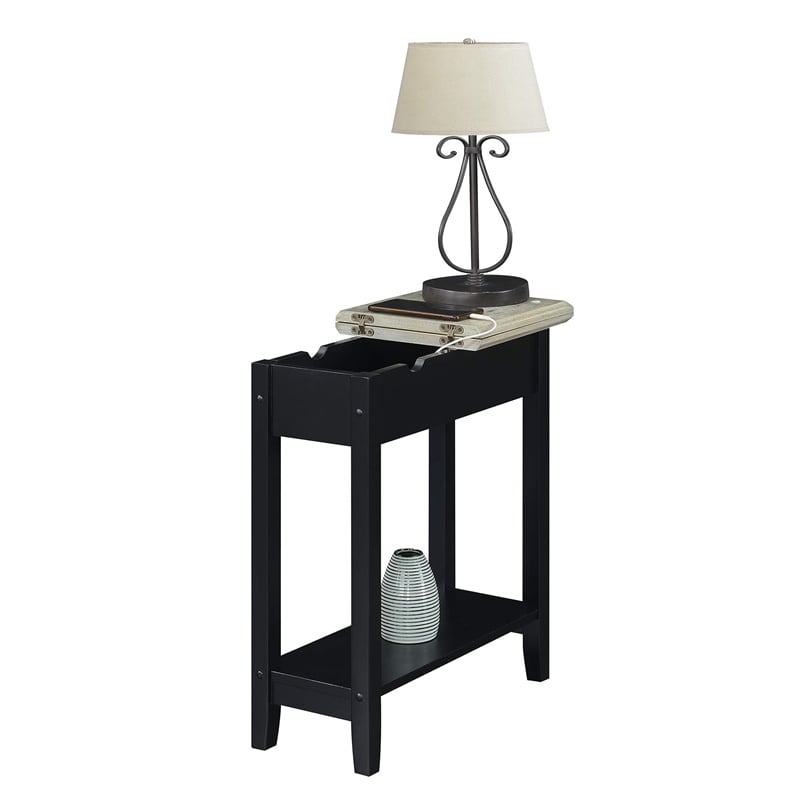 american heritage flip top end table with charging station in black wood finish