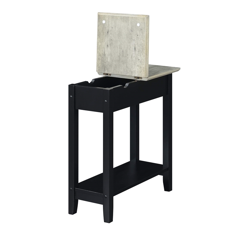 american heritage flip top end table with charging station in black wood finish