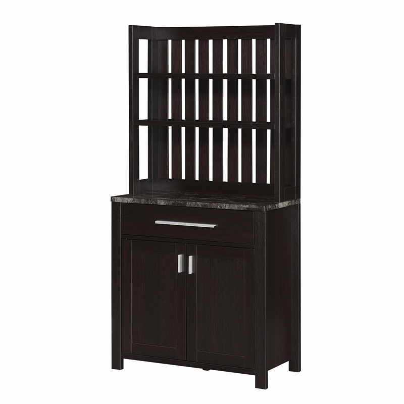 Sawyer Wine Bar with Cabinet in Black Faux Marble and Espresso Wood Finish