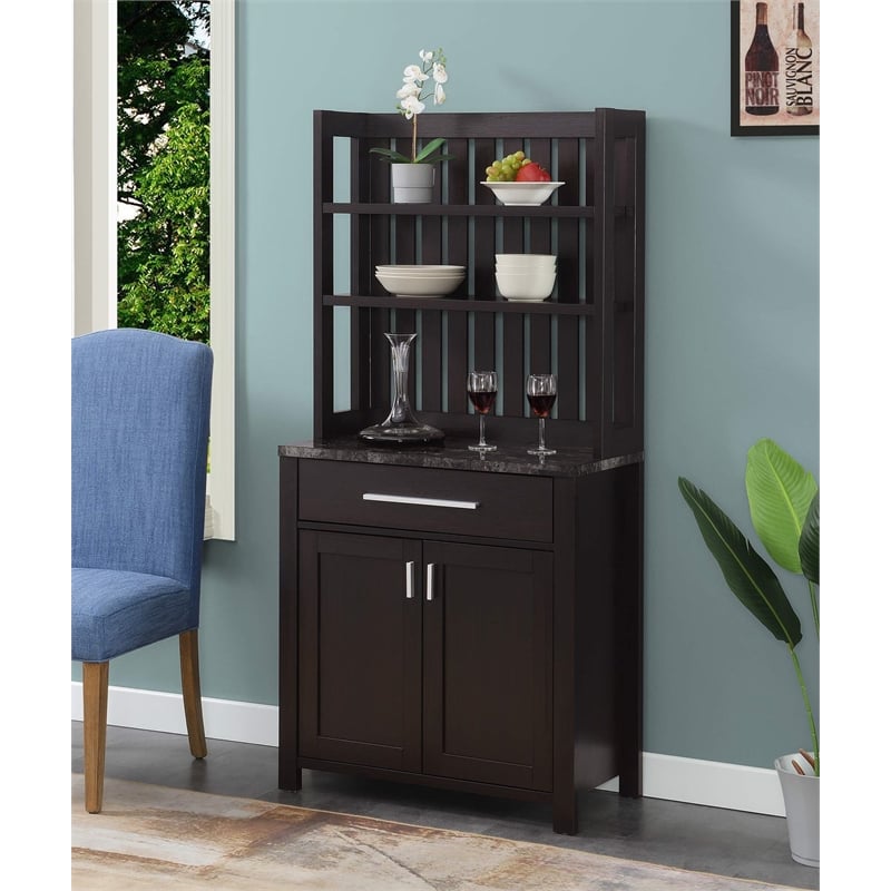 Sawyer Wine Bar with Cabinet in Black Faux Marble and Espresso Wood Finish