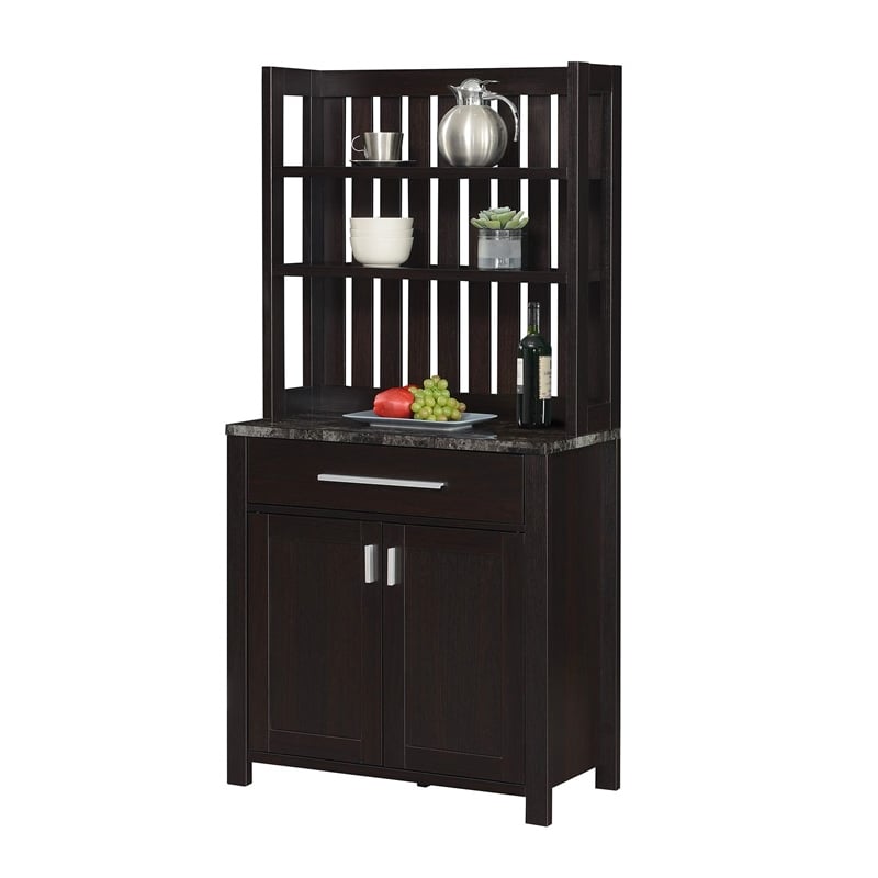 Sawyer Wine Bar with Cabinet in Black Faux Marble and Espresso Wood Finish