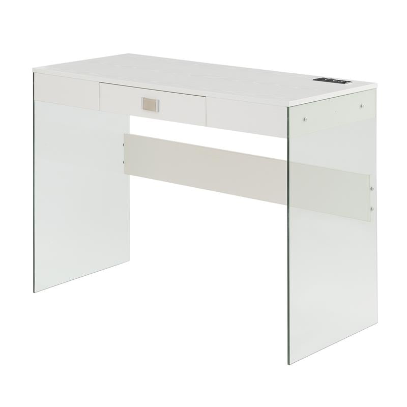 SoHo 42-Inch Clear Glass Desk with Charging Station and White Wood Top
