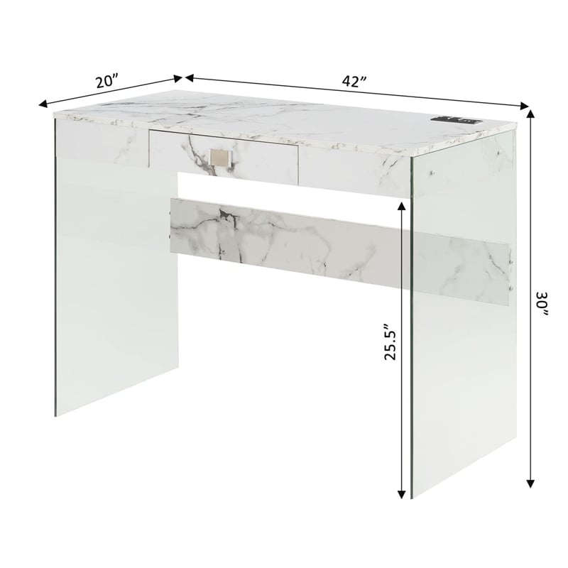 SoHo 42-Inch Glass Desk with Charging Station with White Faux Marble Wood Top