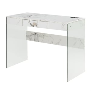 SoHo 42-Inch Glass Desk with Charging Station with White Faux Marble Wood Top