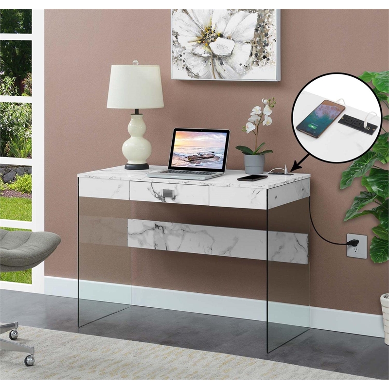 SoHo 42-Inch Glass Desk with Charging Station with White Faux Marble Wood Top