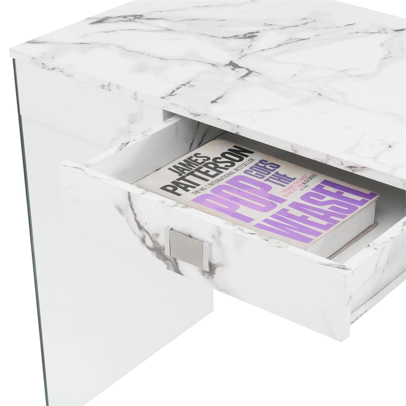 SoHo 42-Inch Glass Desk with Charging Station with White Faux Marble Wood Top