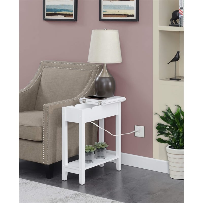 American Heritage Flip-Top End Table with Charging Station in White Wood Finish