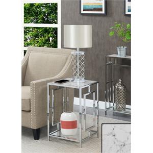town square chrome metal end table with white faux marble top and clear glass