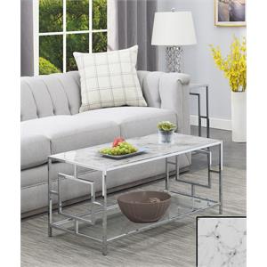 town square chrome metal coffee table with white faux marble top and clear glass