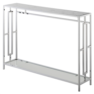 Town Square Chrome Metal Console Table with White Faux Marble Top and Glass