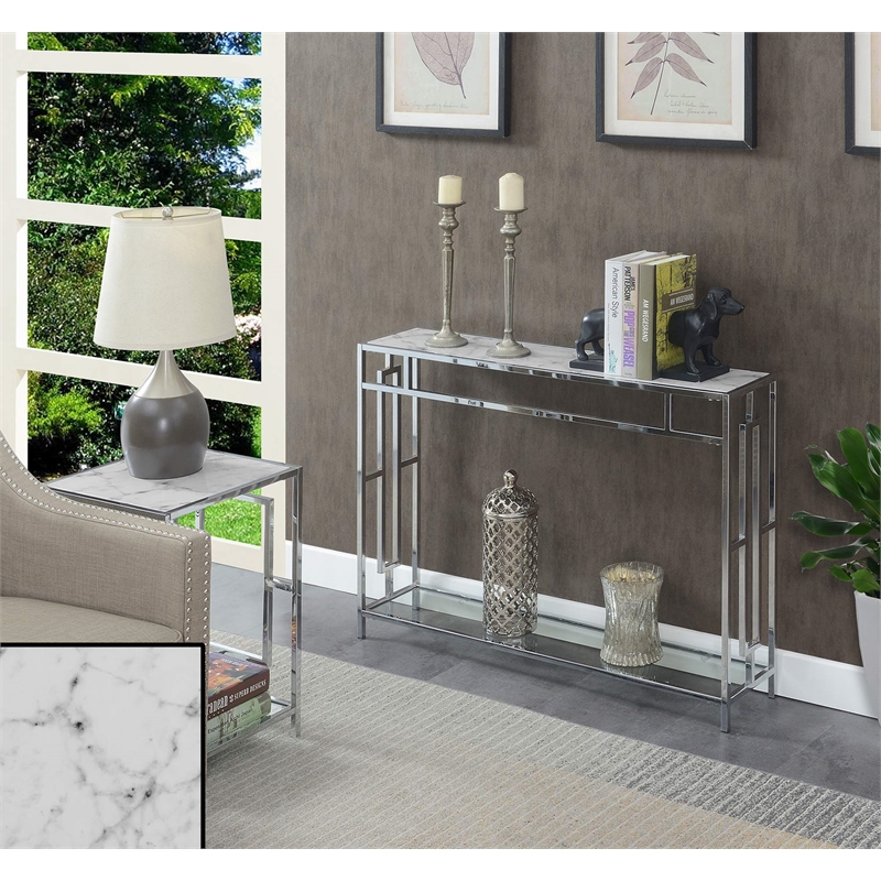 Town Square Chrome Metal Console Table with White Faux Marble Top and Glass